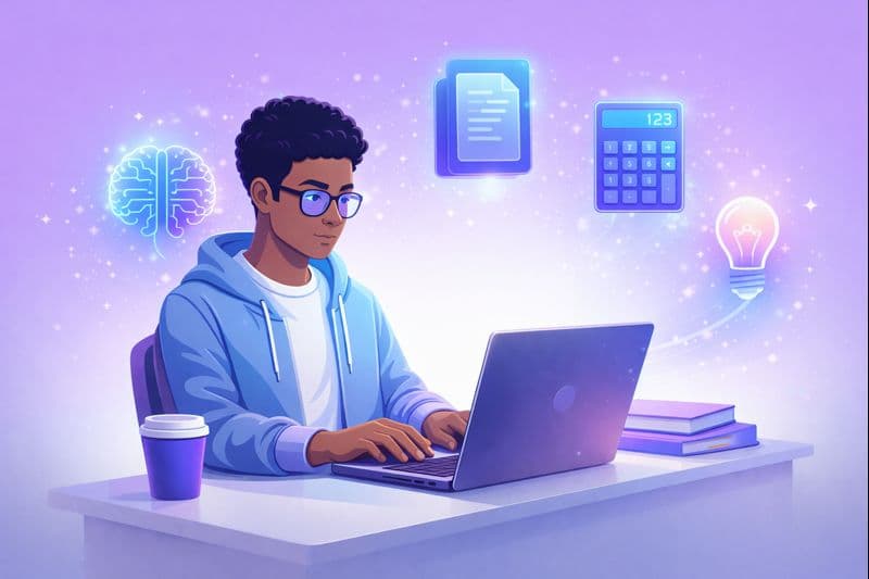 Student using AI tools on laptop with floating icons representing different AI applications for education