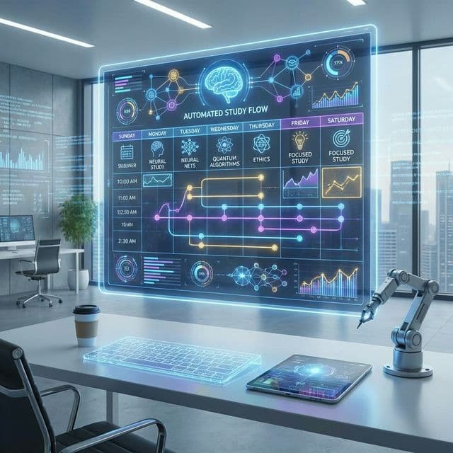 A digital illustration of a futuristic, glowing timetable floating above a modern workspace