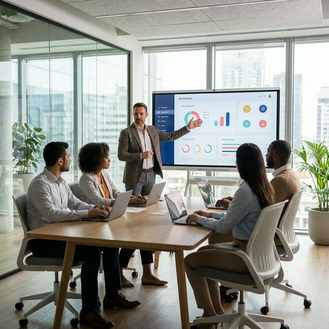 A highly realistic, professional photo of a modern corporate training room with a trainer using an LMS dashboard