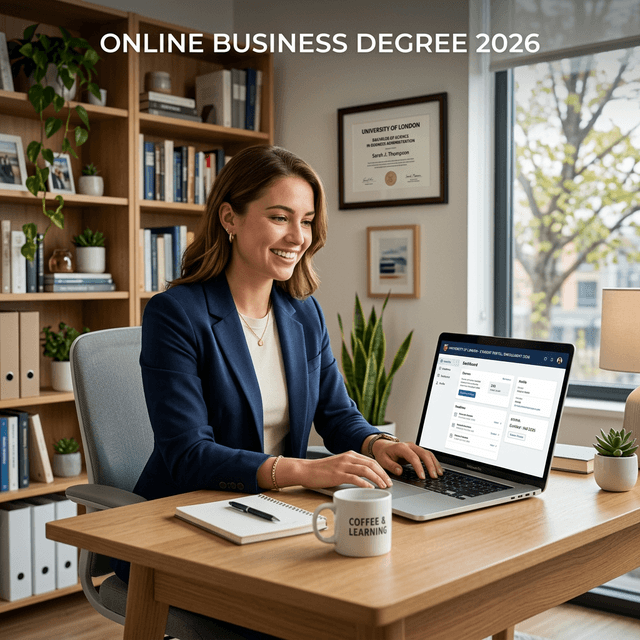 A confident professional woman studying an online business degree program on her laptop in a modern home office setup with a framed degree on the wall