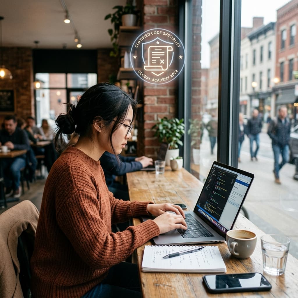 A dedicated student studying code on a sleek modern laptop with a glowing digital certification symbol in the background