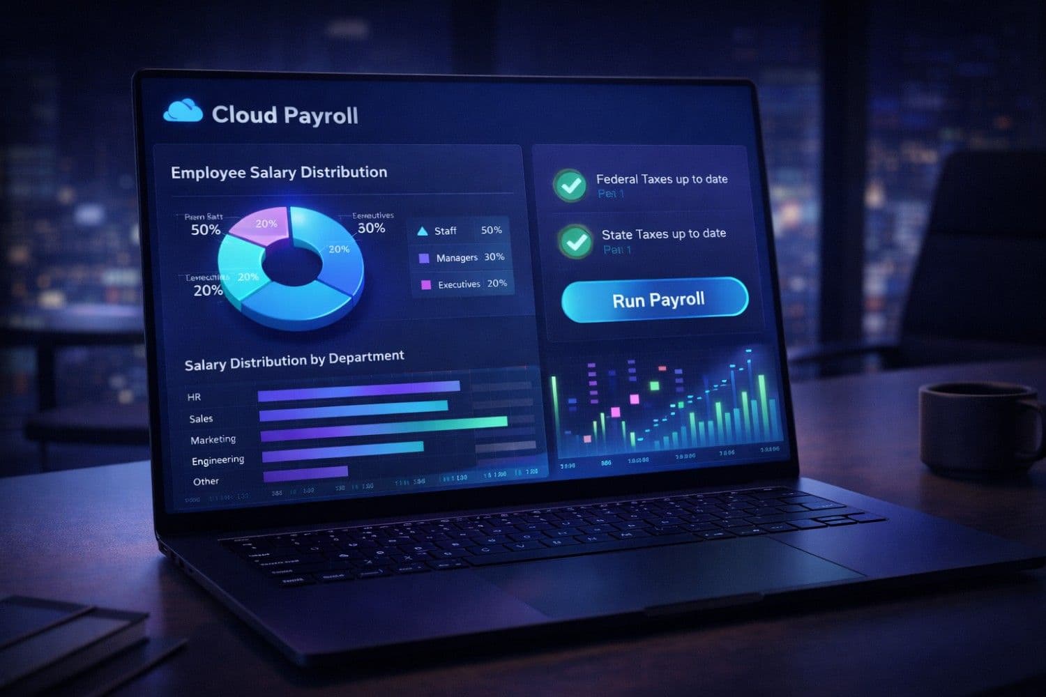 Modern cloud payroll software dashboard displayed on a laptop screen, showing employee salary distribution charts, automated tax compliance indicators, and a prominent 'Run Payroll' button