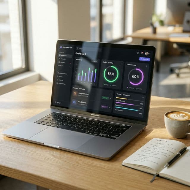 A detailed close-up shot of a sleek modern enterprise Learning Management System UI displaying analytics and course completion rings on a laptop screen resting on an oak desk