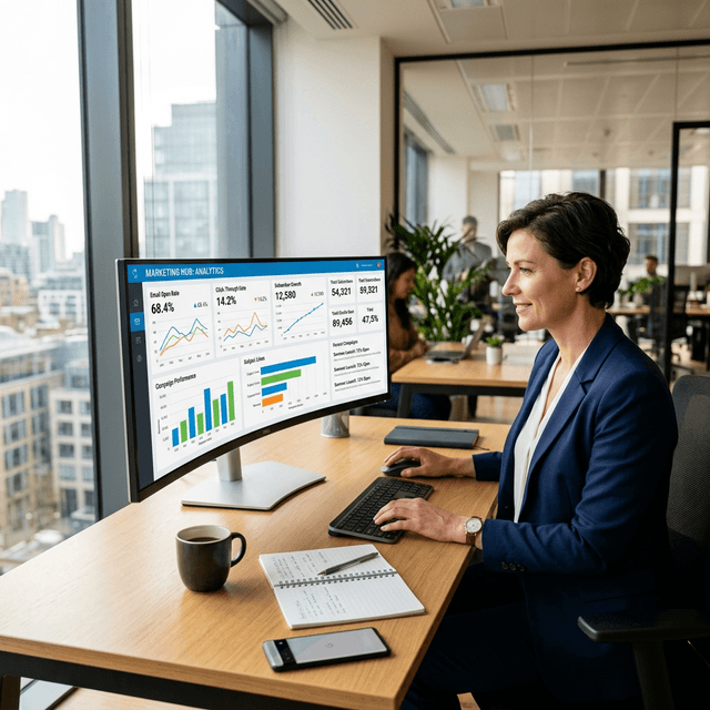 A professional business marketer reviewing email marketing campaign analytics on a modern dashboard with subscriber growth charts and open rate metrics