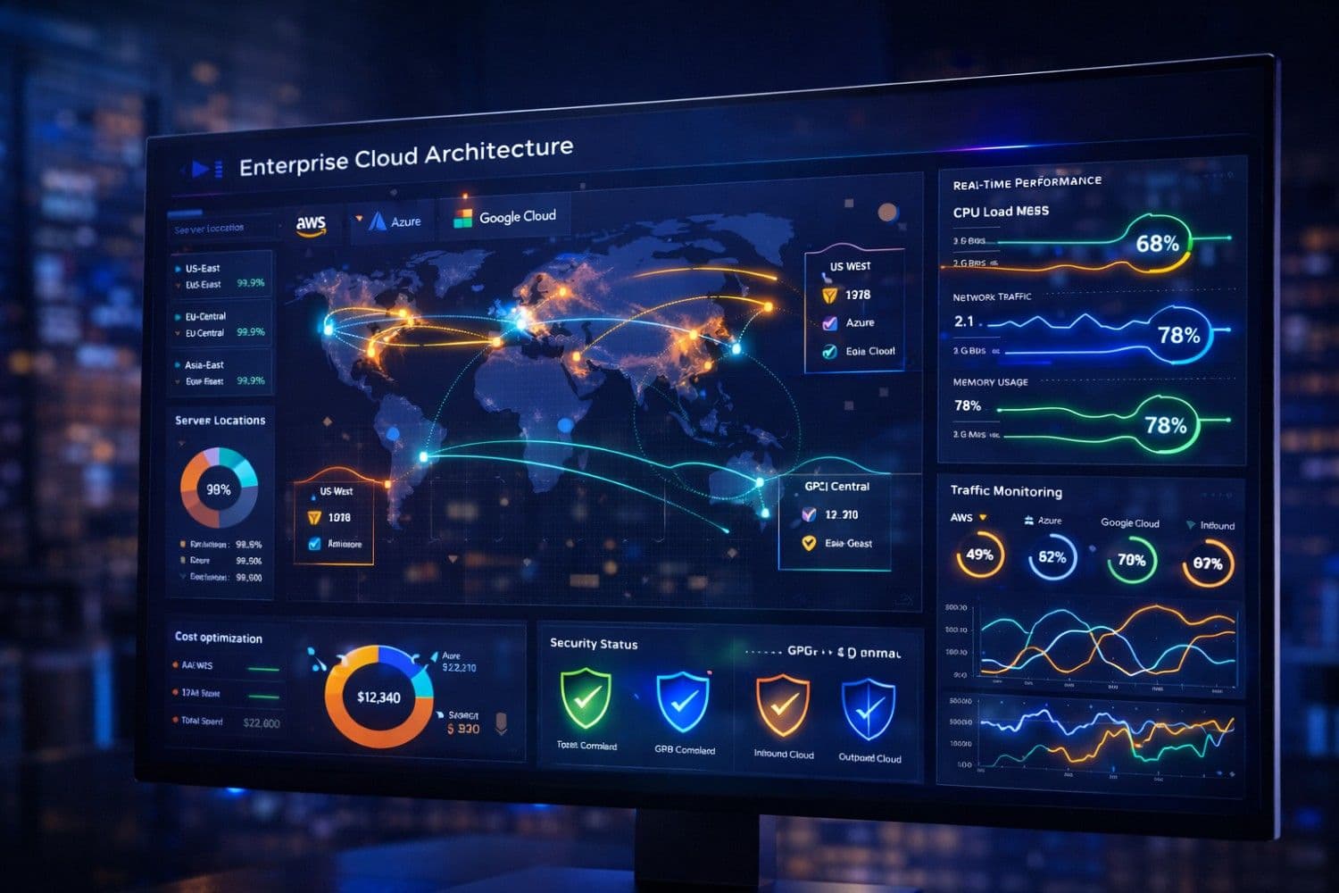 A digital dashboard UI showing a complex enterprise cloud architecture globally distributed with real-time analytics graphs, security shields, and cost optimization charts. Dark mode with glowing neon accents.