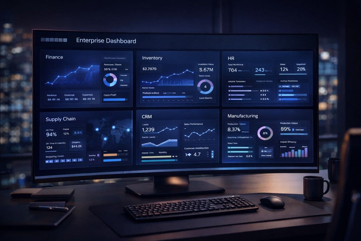 Modern ERP software dashboard displaying integrated modules for finance, inventory, HR, supply chain, and CRM in a unified enterprise management interface