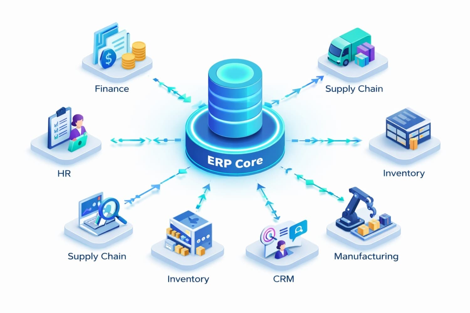 ERP software implementation dashboard showing connected modules for finance, HR, supply chain, and operations with real-time data flow visualization