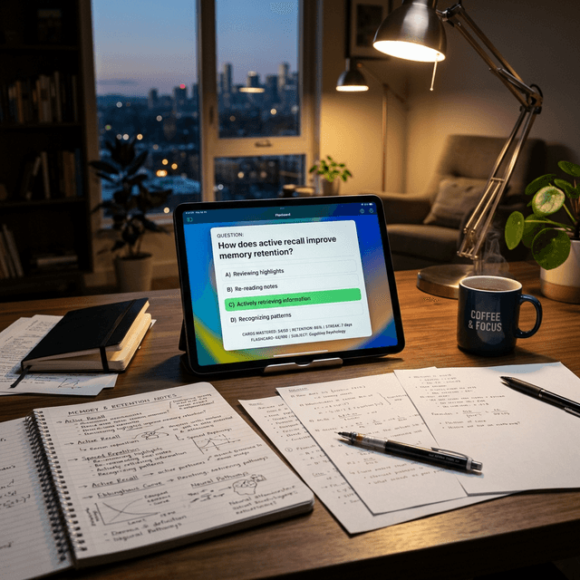 Study desk with flashcards and handwritten notes side by side