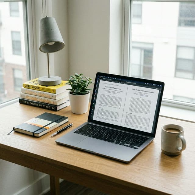 A highly realistic photo of an organized student's desk with a laptop displaying research papers and AI tools