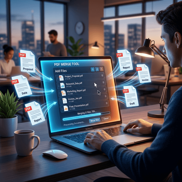 Person combining PDF files on a laptop with clean page layout preview