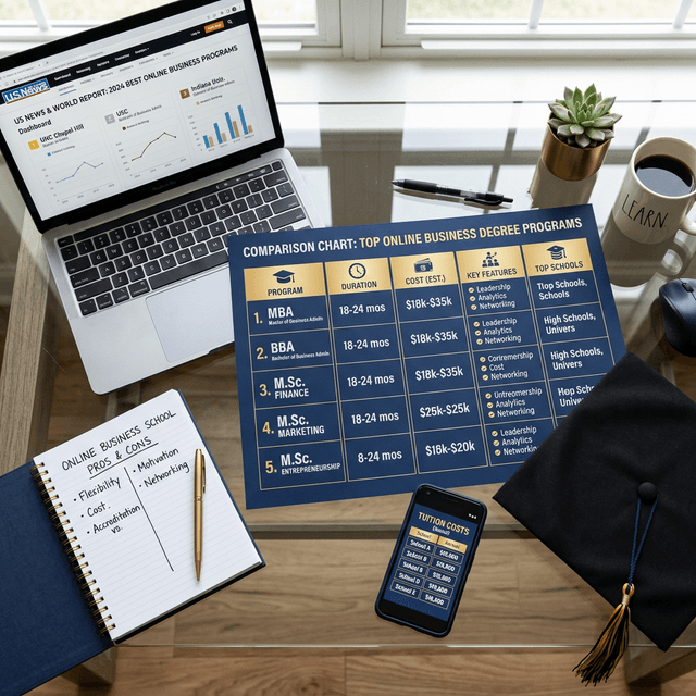 Online business degree program comparison showing top schools side by side with tuition costs and accreditation