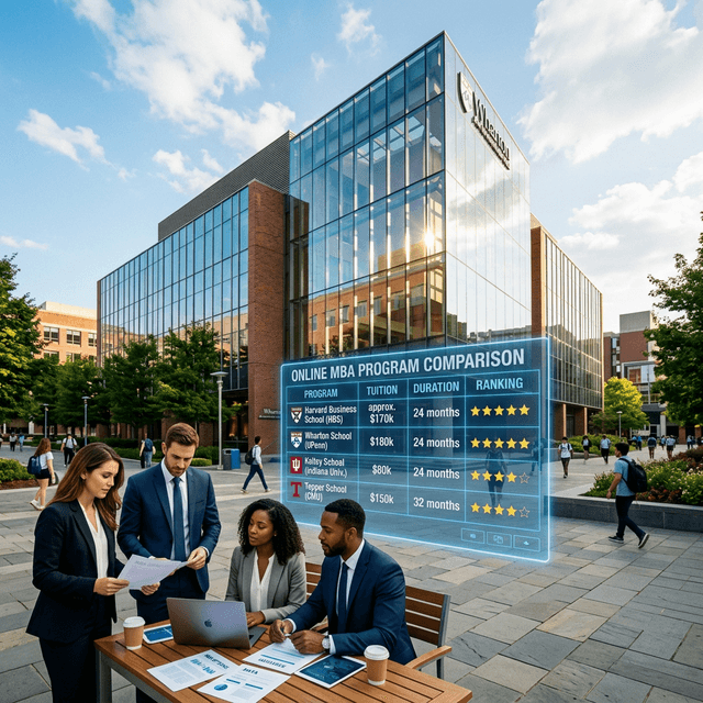 Online MBA program comparison showing top business schools with tuition costs and program rankings