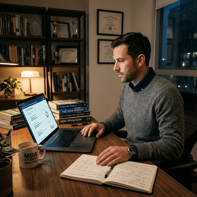 Working professional studying an online MBA program on a laptop at a modern home office desk with business analytics charts visible on screen