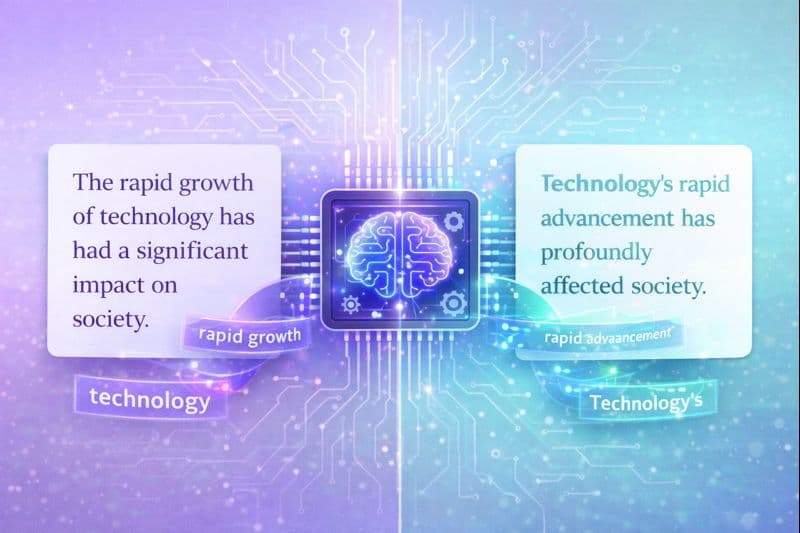 Writer using paraphrasing tool interface showing original text transforming into rewritten version with quality indicators