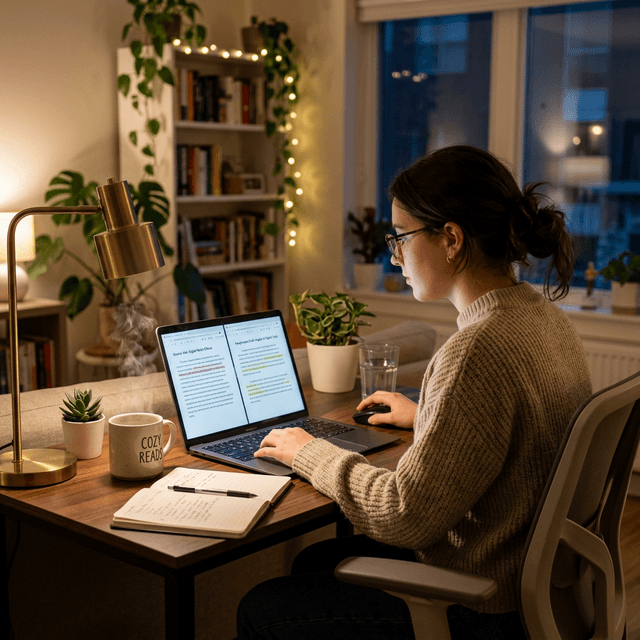 Student comparing paraphrased and rewritten text on a laptop