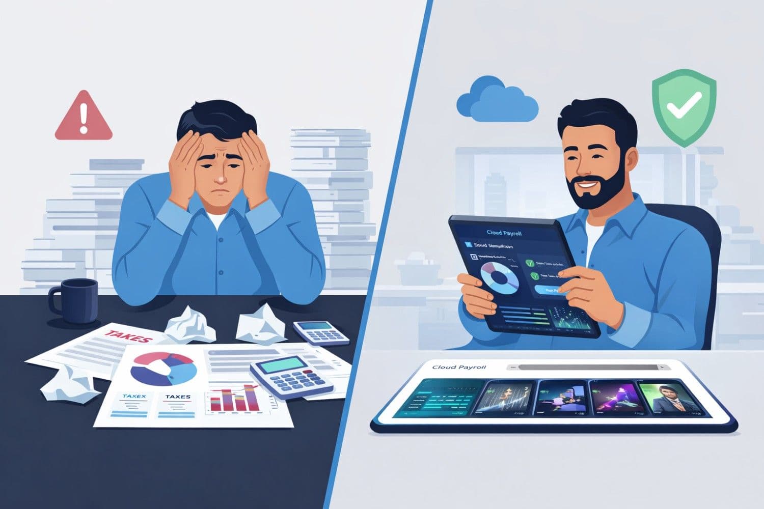 A sleek visual comparison showing a stressed small business owner surrounded by tax paperwork and calculators on one side, versus a relaxed owner using a clean digital tablet with automated wage and compliance graphs on the other side.