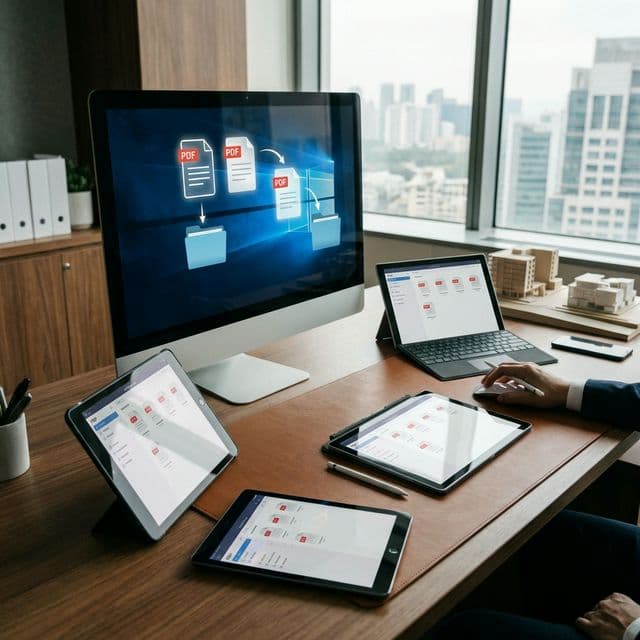 A highly realistic visualization of a glowing digital filing cabinet organizing thousands of illuminated PDF icons