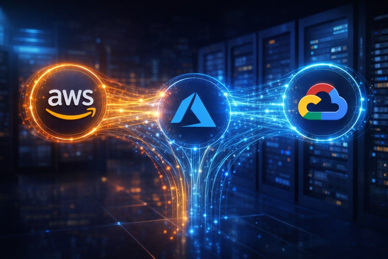 A futuristic, highly detailed 3D infographic showing the logos of AWS, Microsoft Azure, and Google Cloud interconnected in an enterprise server room