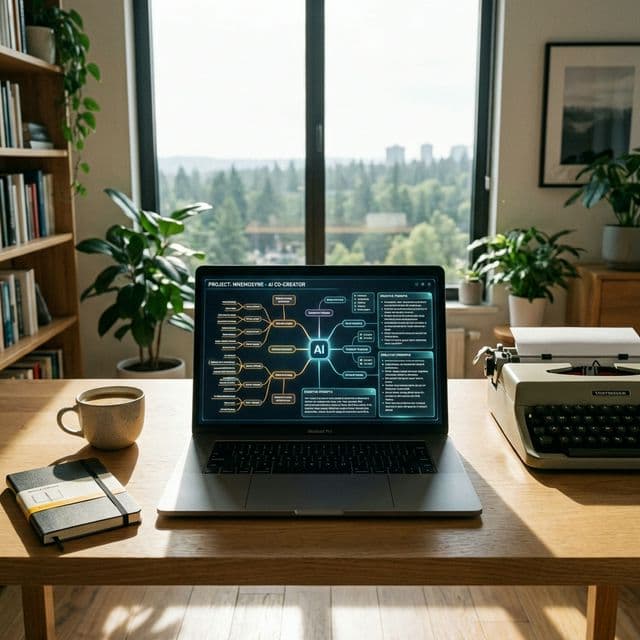 A highly realistic, professional photo of a modern writer's workspace with a sleek laptop, a coffee cup, and a glowing AI interface