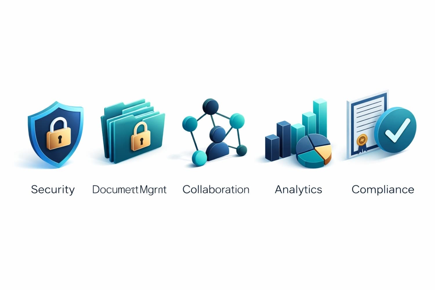 Virtual data room feature comparison showing isometric icons for security, document management, collaboration, analytics, and compliance