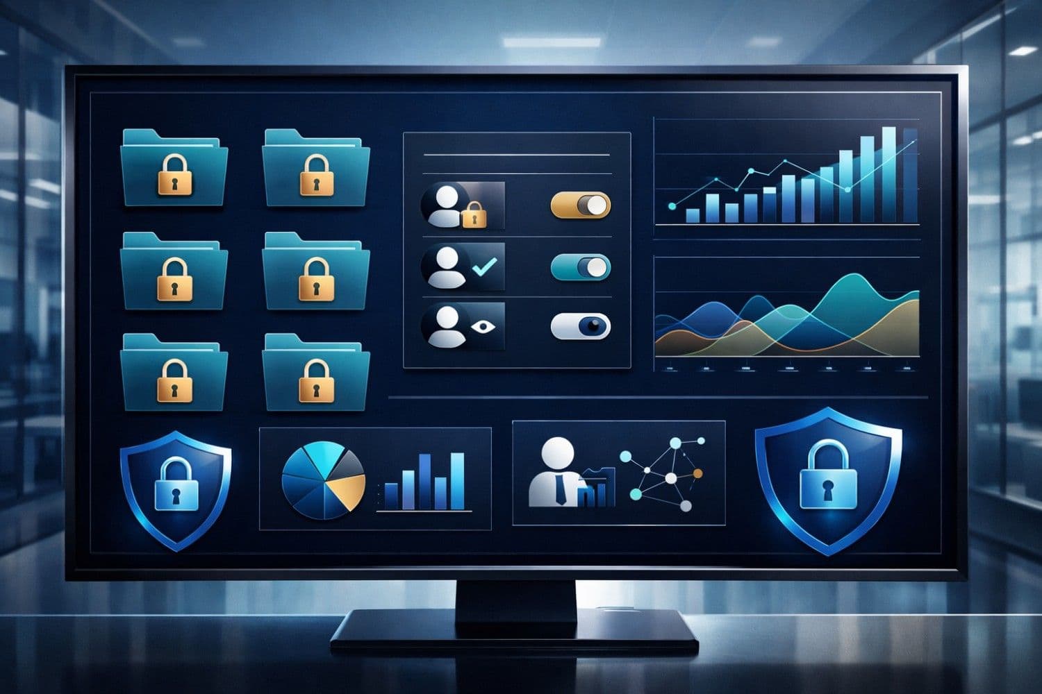 Modern virtual data room dashboard displaying encrypted enterprise documents, access control panels, user activity analytics, and security shields in a sleek corporate environment